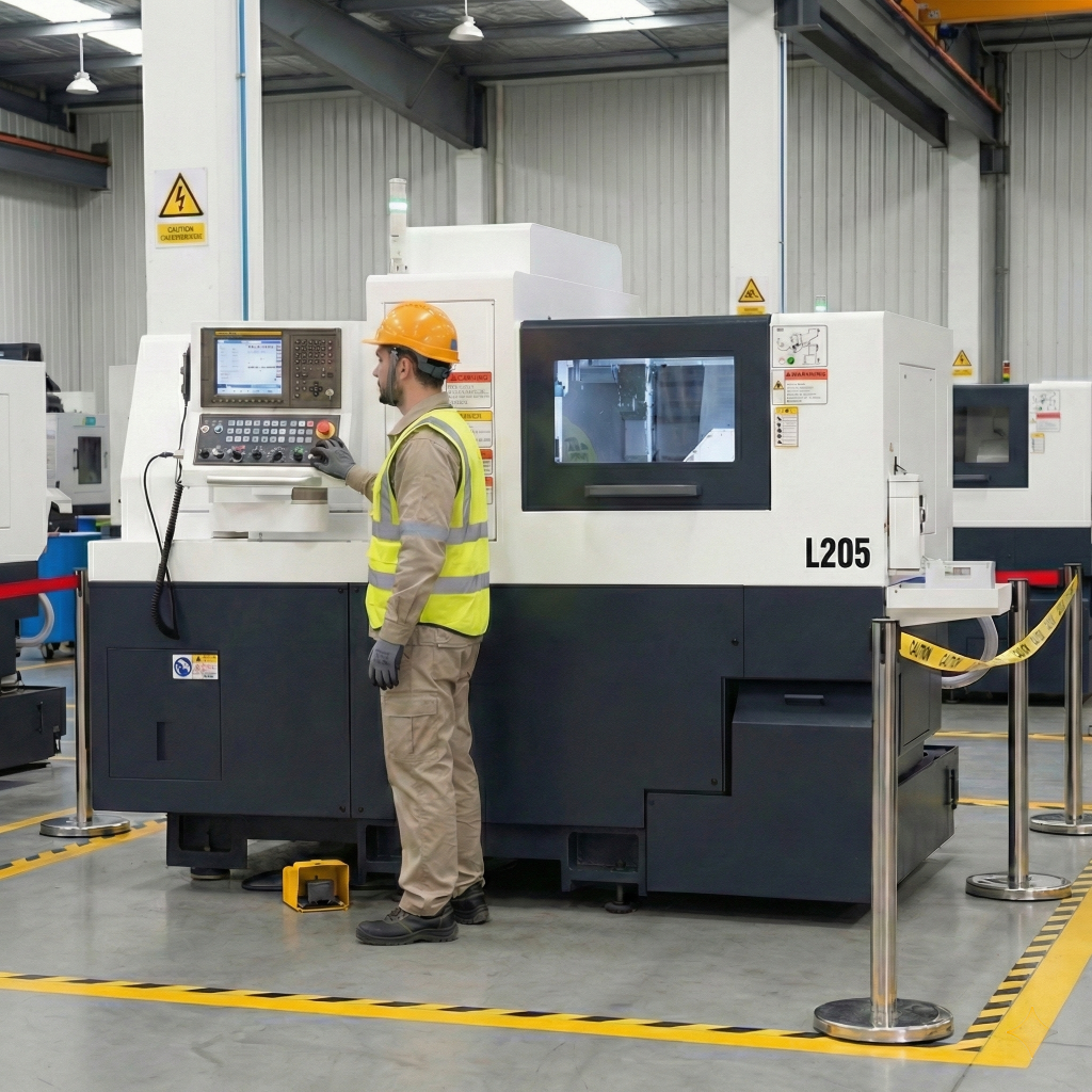 A worker is operating CNC lathe machine