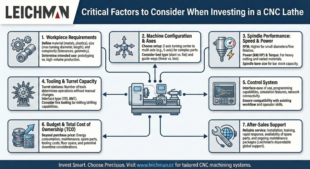 An infographic about critical factors to consider when investing in a CNC lathe