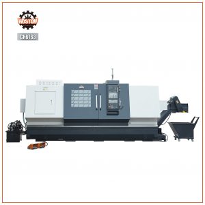 High-precision CK6163 CNC lathe with a large Φ105mm spindle bore and Ra1.6 surface finish capability.