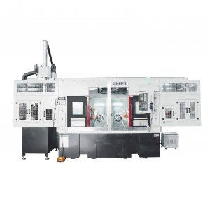Front view of LK-DS15P parallel dual-spindle CNC turning center with integrated high-speed gantry loader and dual turret structure.